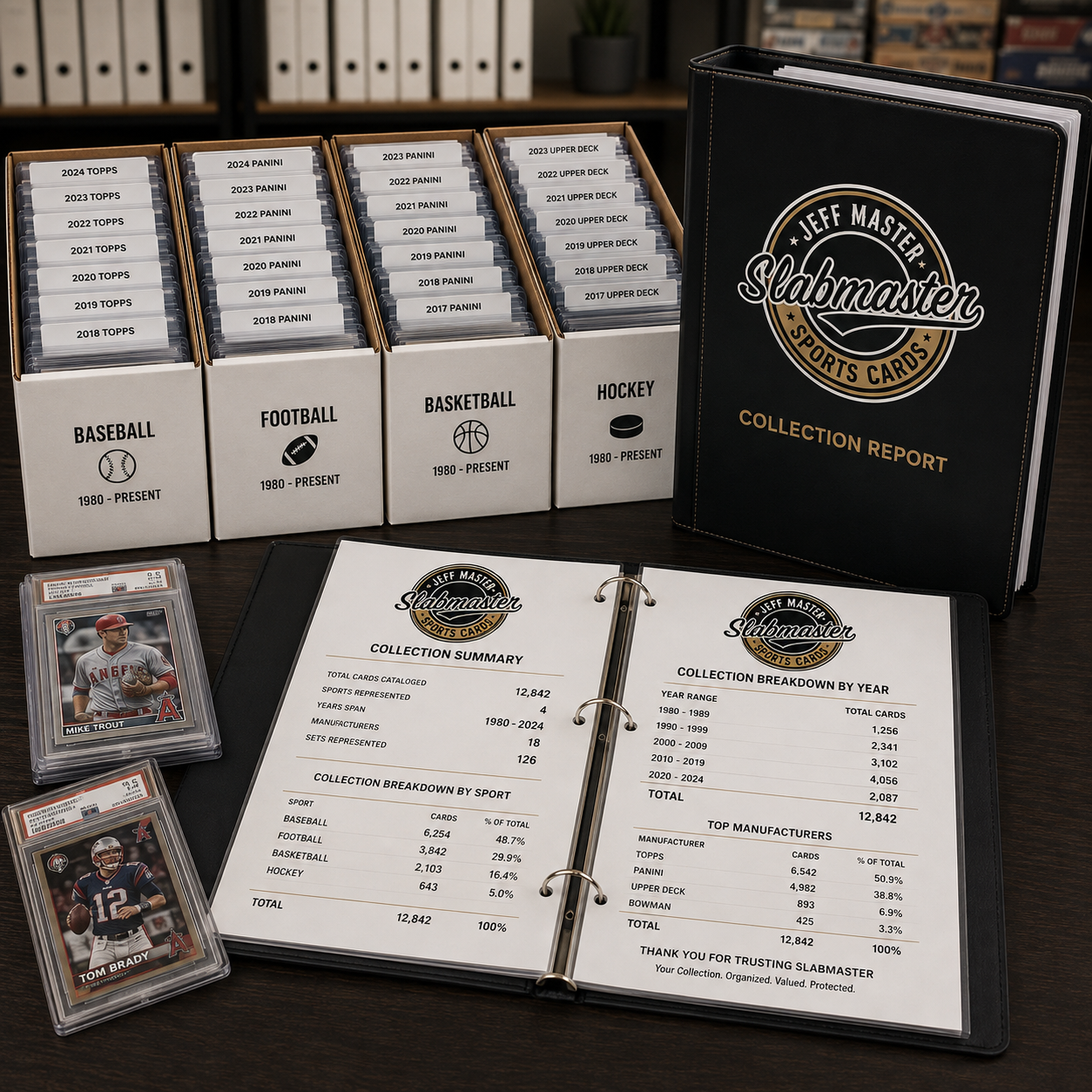 Neatly organized labeled card storage boxes beside a Slabmaster collection binder
